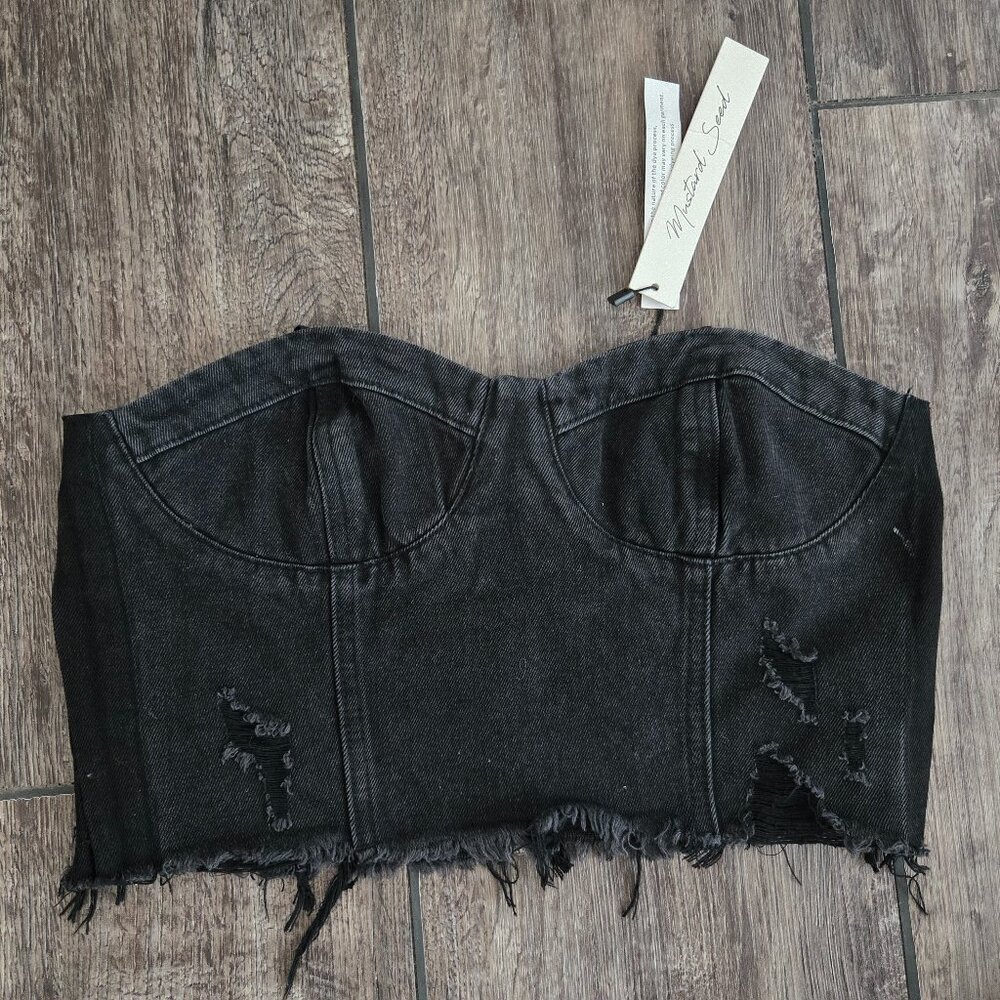 NWT Black Denim Zip Up Bustier Top - Mustard Seed - Size Medium